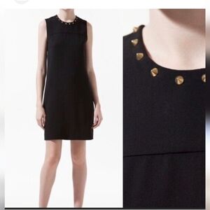 Zara Black studded spikes collar shift Button Down dress Size S Sleevele…